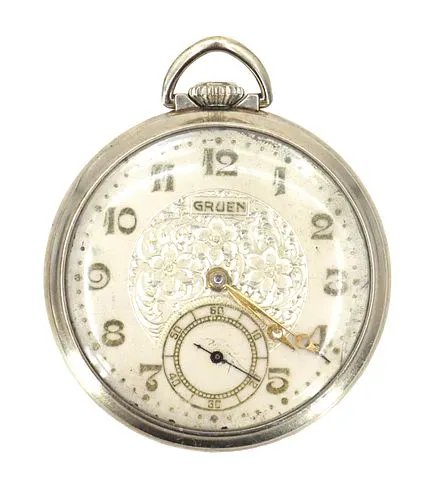 Open Face Gruen Pocket Watch with Fleur-de-Lis Watch Holder Pin - As Is