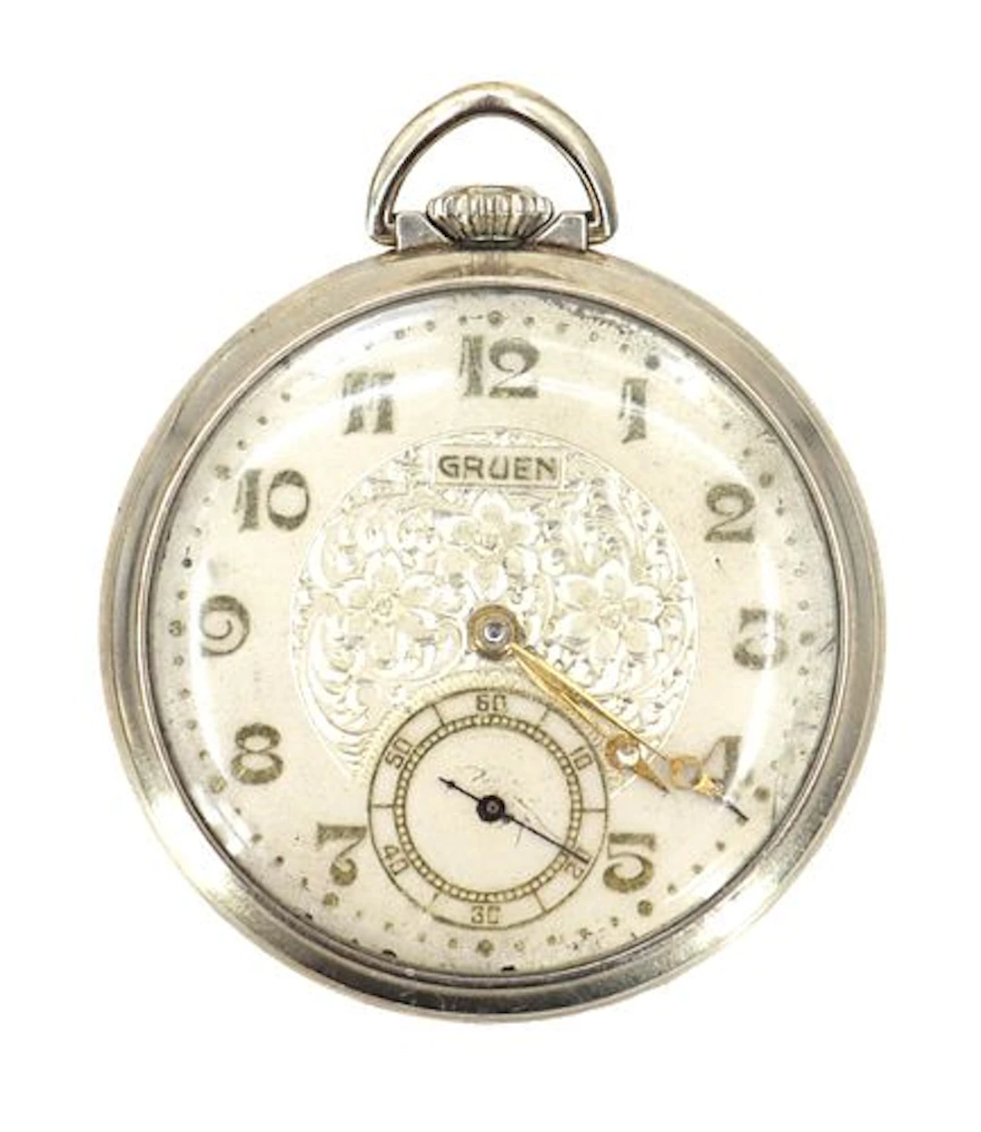 open Face Gruen Pocket Watch with Fleur-de-Lis Watch Holder Pin - As Is