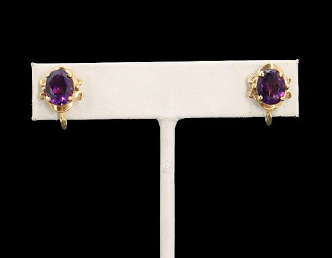 Pair of 14k Gold and Amethyst Screwback Earrings - Gross 3.3 g.