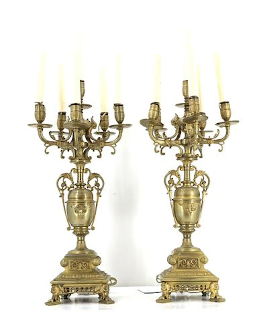 (2) Vintage Gilt Bronze Six-Sconce Electrified Candelabras
