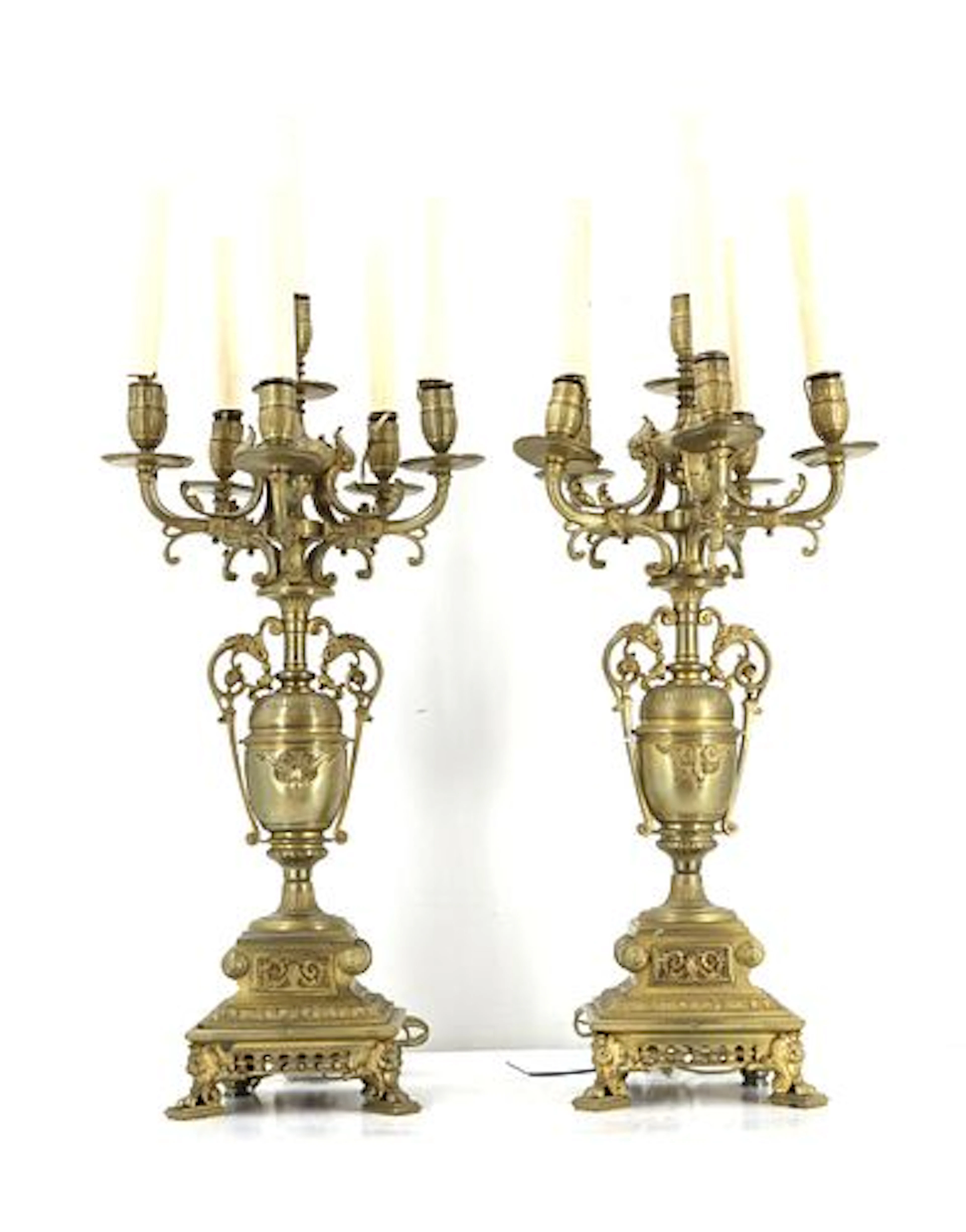 (2) Vintage Gilt Bronze Six-Sconce Electrified Candelabras