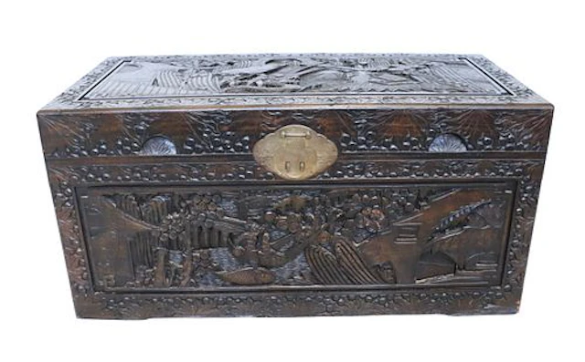 Antique Chinese Hand Carved Camphor Chest with Brass Hardware