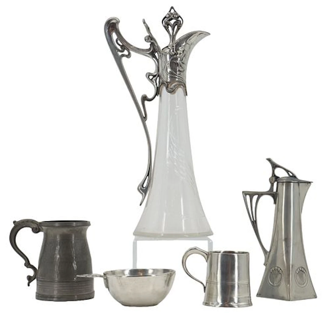 (5) Art Nouveau Pewter and Glass Vessels