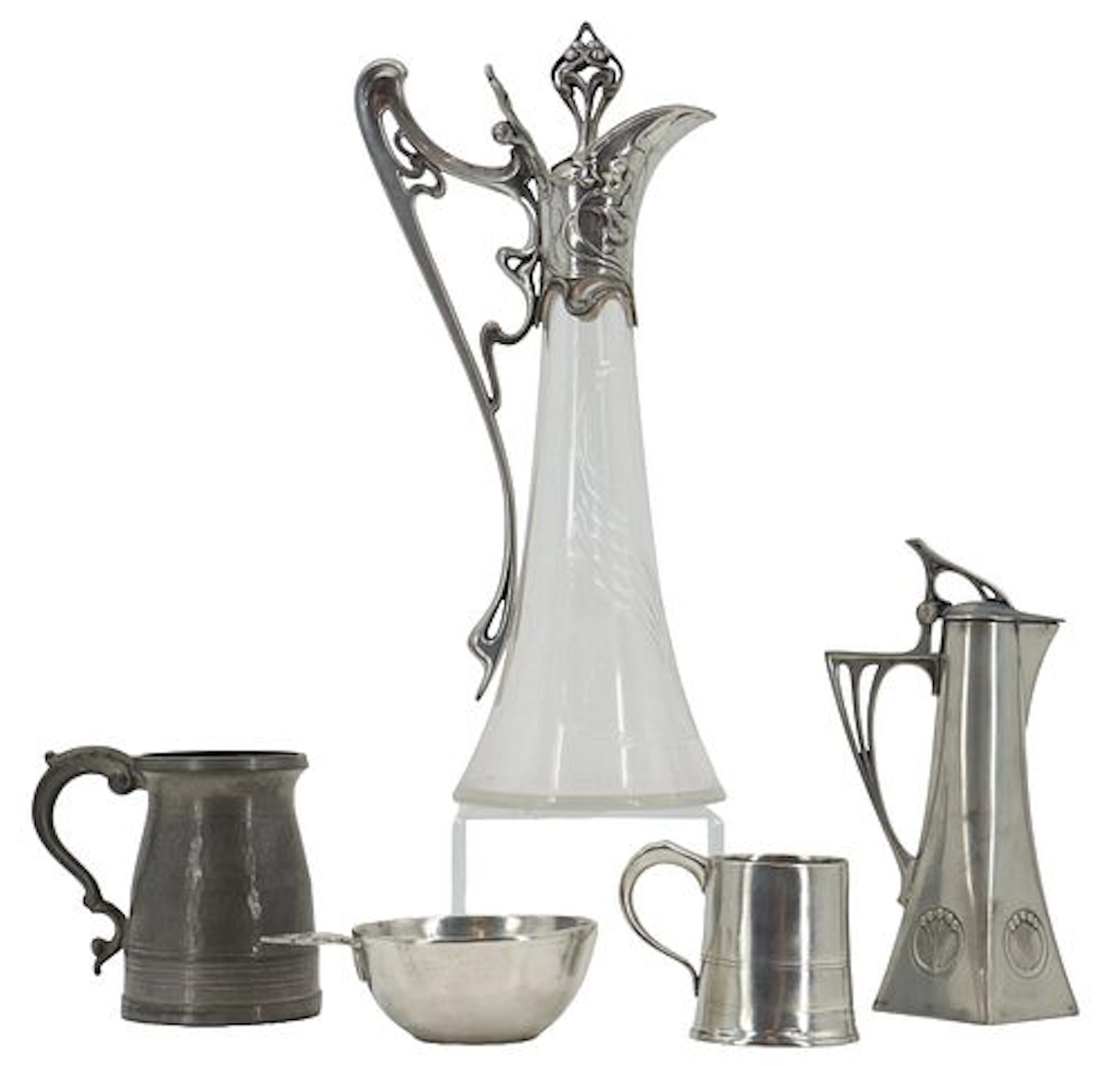 (5) Art Nouveau Pewter and Glass Vessels