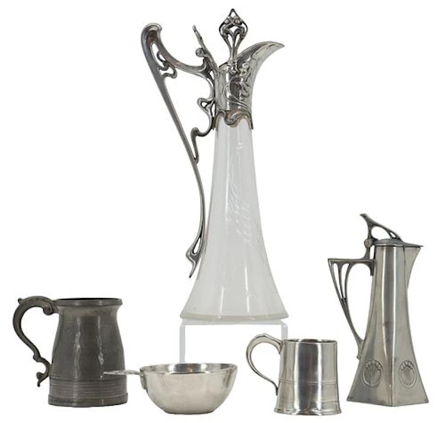 (5) Art Nouveau Pewter and Glass Vessels