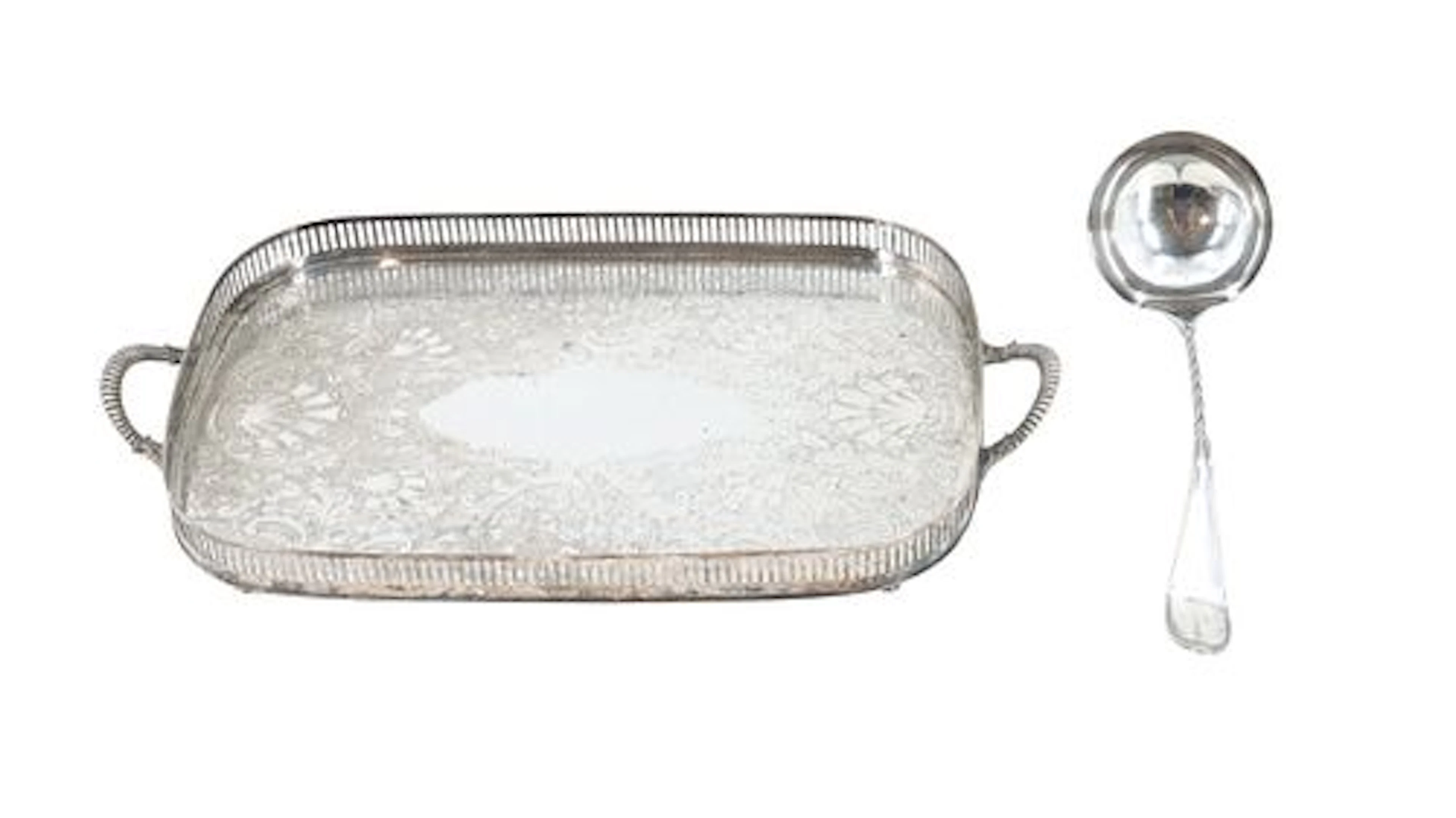 Silver-Plated Sheffield Gallery Tray and Curran & Co. Twist-Handle Ladle