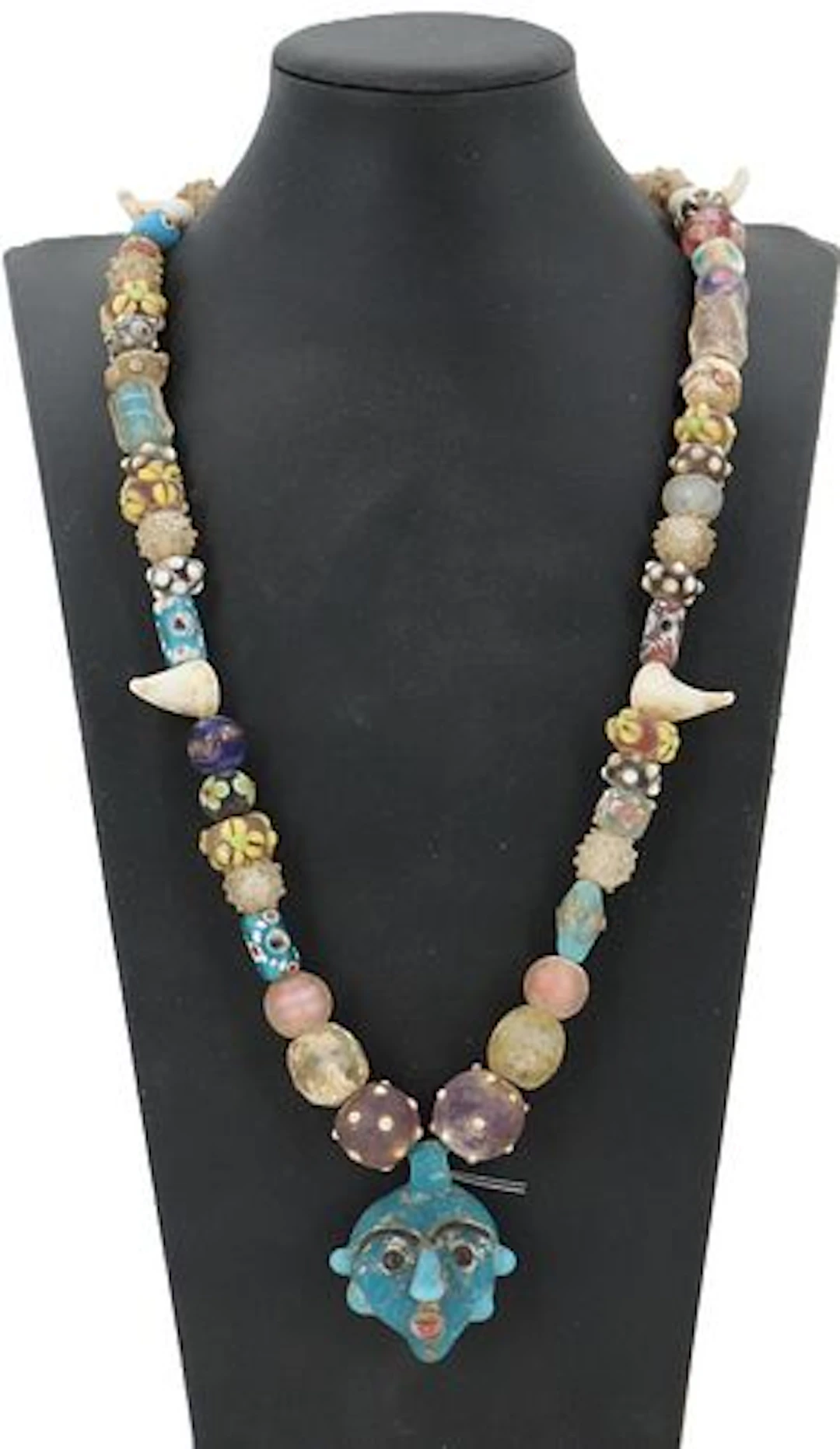 Old Glass Bead Necklace with Face Pendant