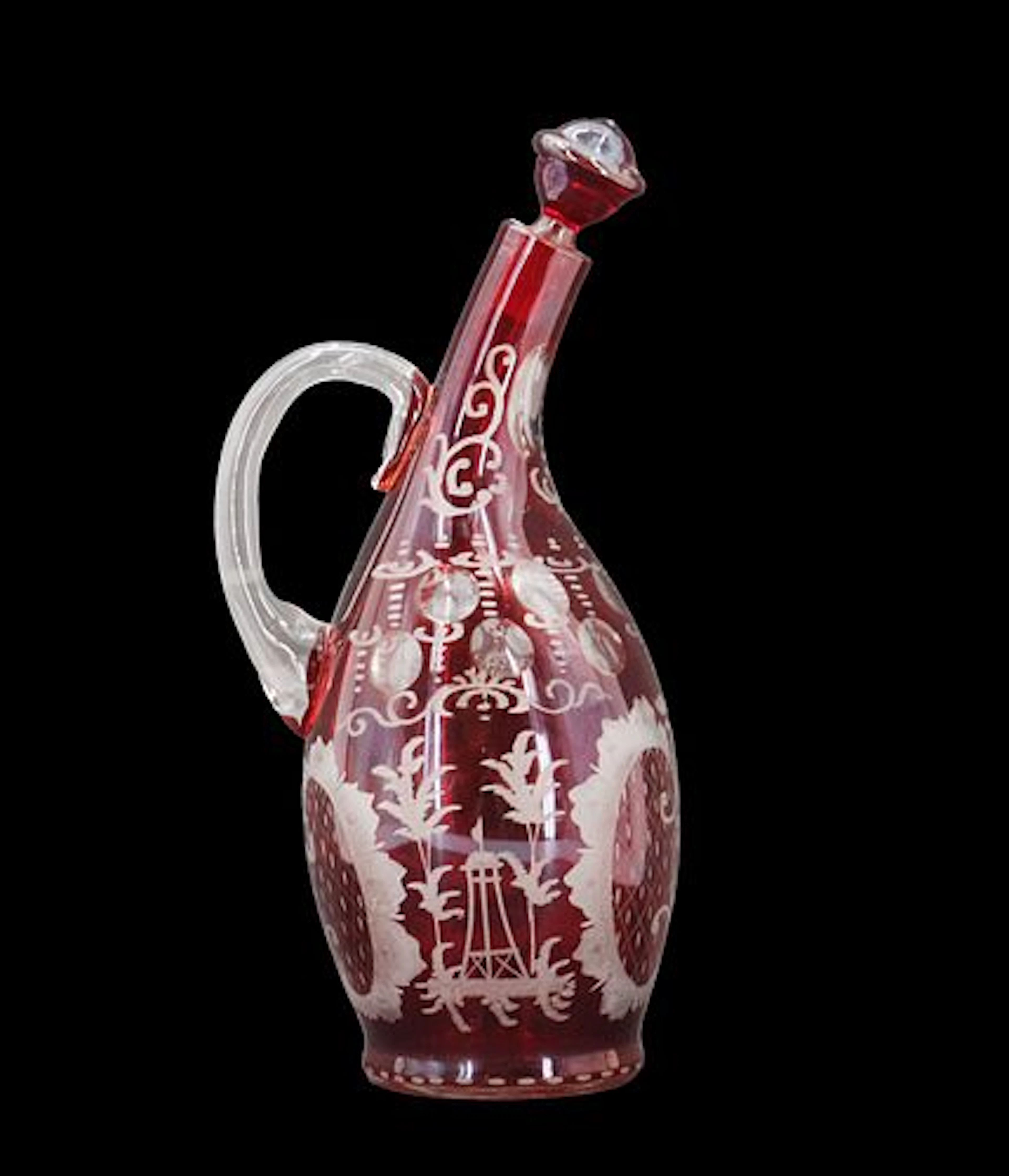 Antique Bohemian Cranberry Etched Glass Decanter
