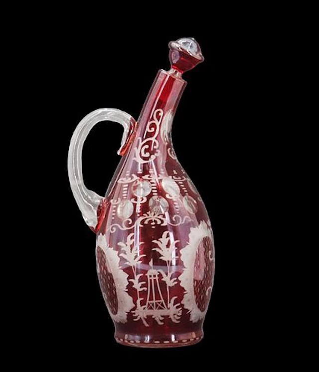 Antique Bohemian Cranberry Etched Glass Decanter