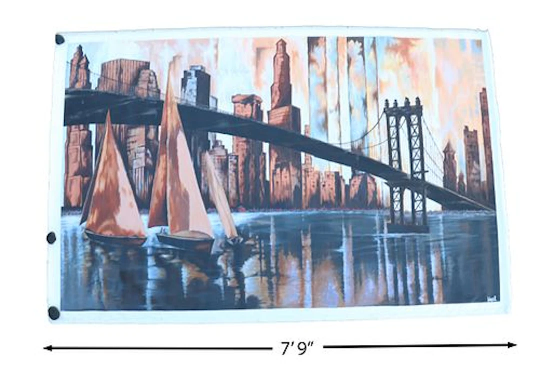 Signed Very Long Oil on Canvas Expressionist Manhattan Bridge View Painting