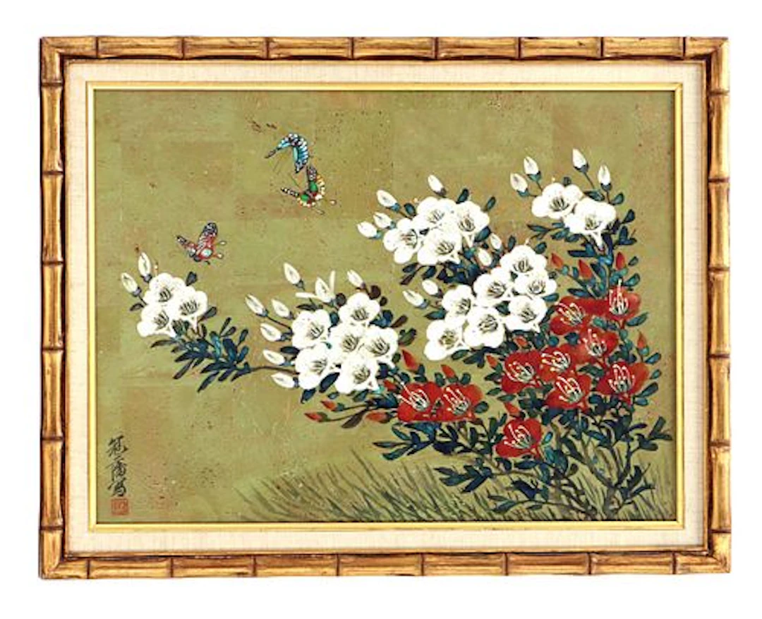 Chinese Gongbi Flowers and Butterflies Watercolor on Paper - AS IS