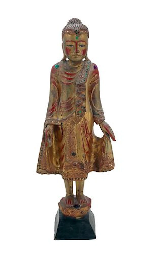 Antique Burmese Carved Wood Standing Buddha Sculpture