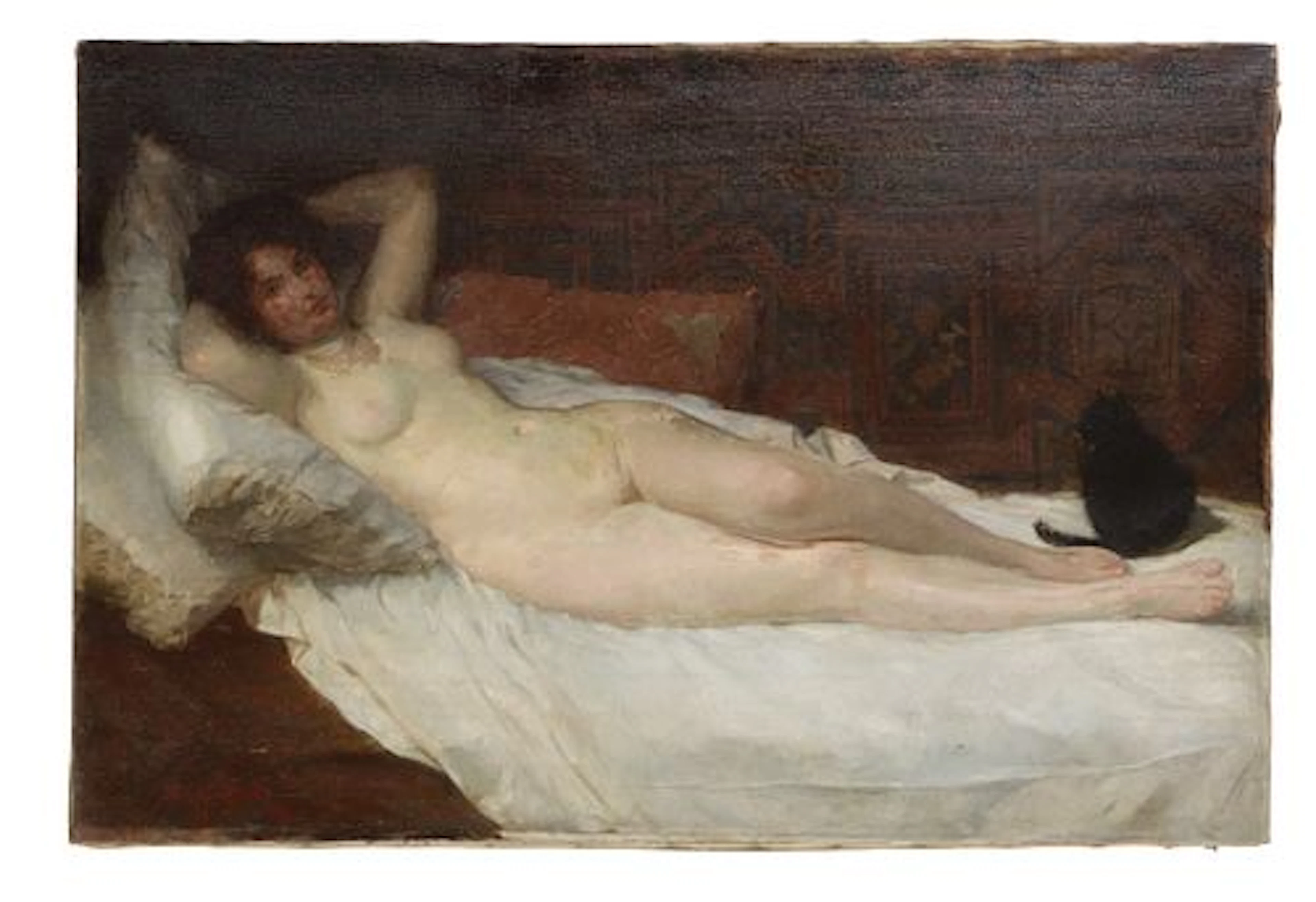 Simon Glucklich (1863-1943) German, Oil on Canvas "Reclining Nude with Cat"