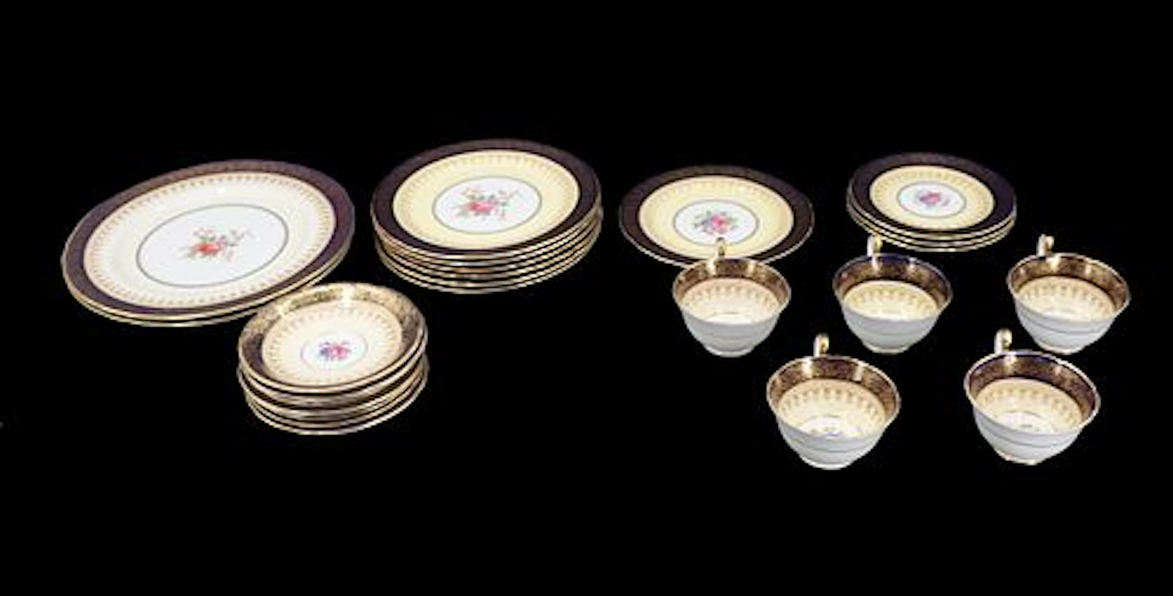 (25) Aynsley Porcelain Cobalt Blue and Cream Cabbage Rose Tableware Pieces