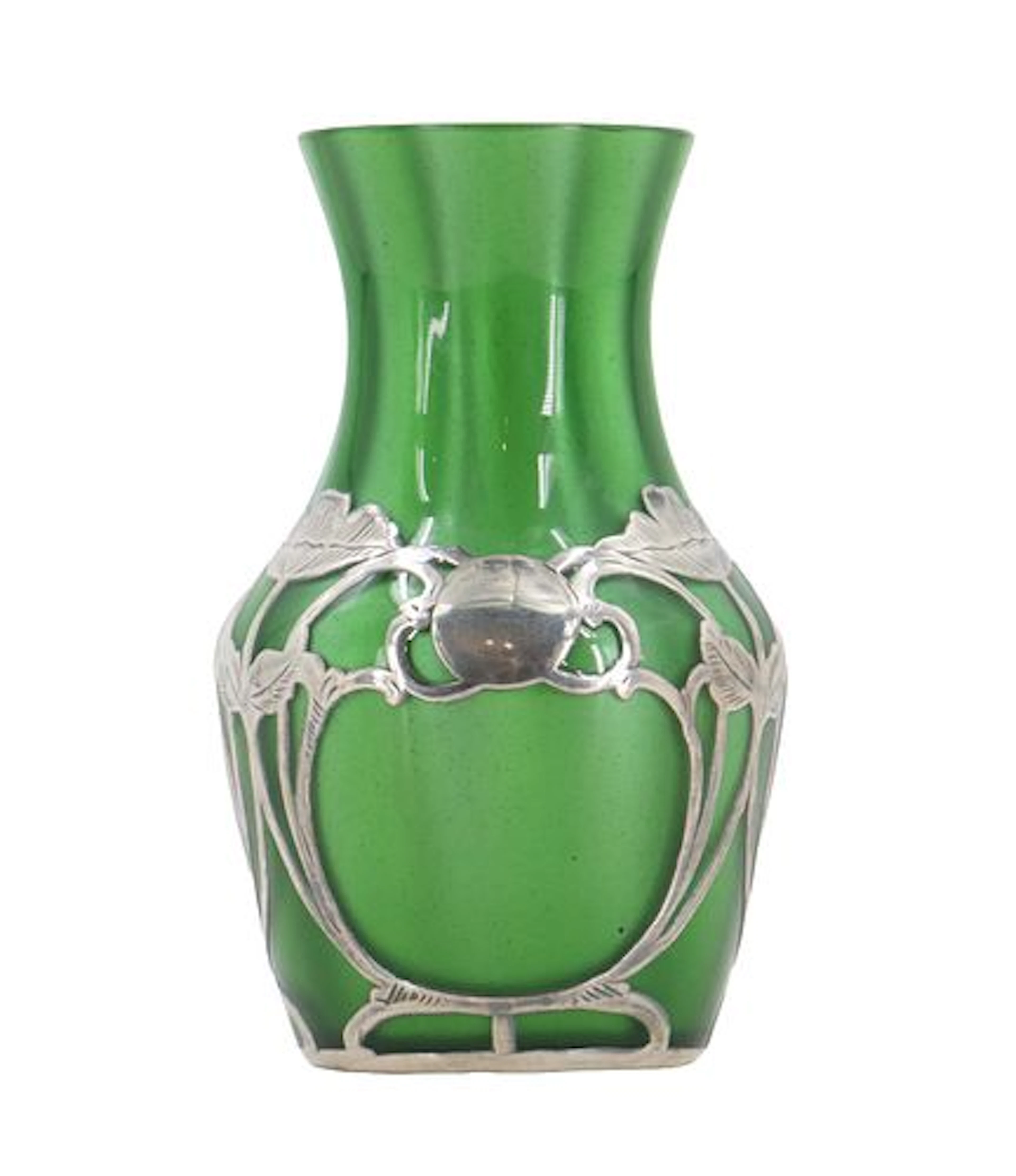 Antique Loetz Art Nouveau Metallin Green Glass and Alvin Pure Silver