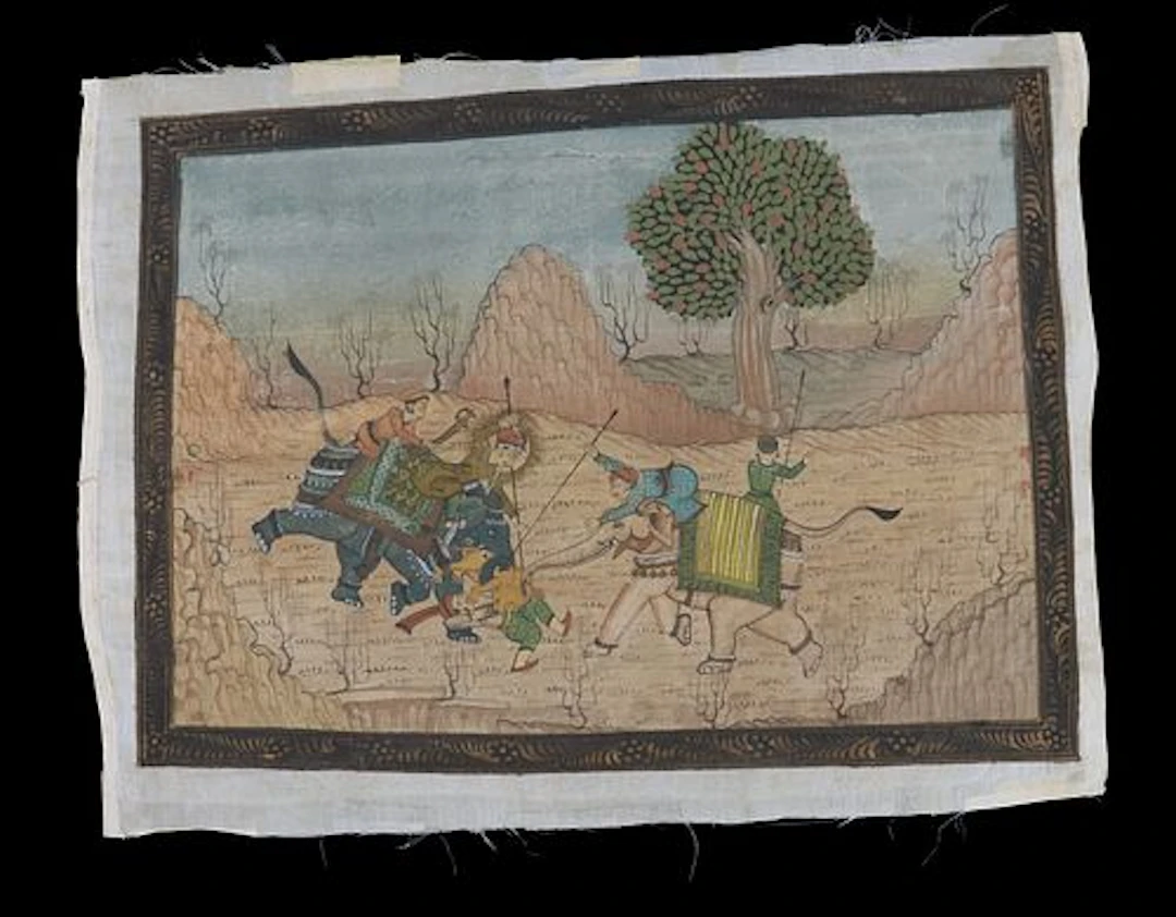 Antique Indian School Watercolor and Gouache on Paper "Tiger Hunt"