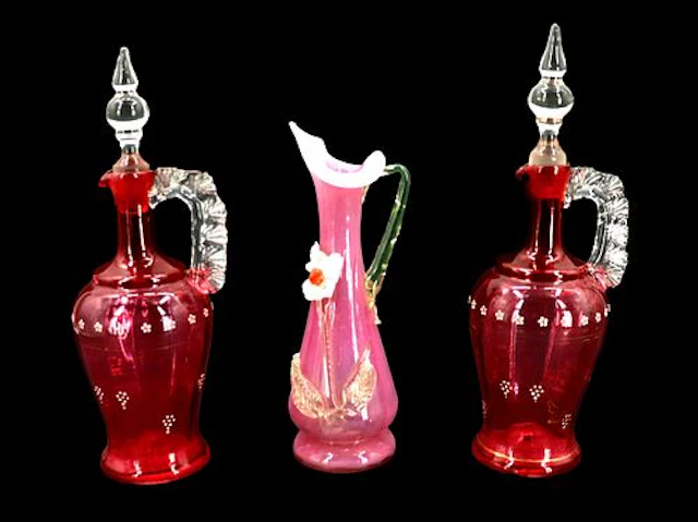 (3) Antique Red Art Glass Vessels with Floral Decorations - AS IS
