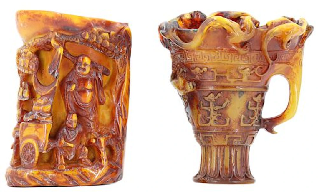Two Chinese Relief Carved Resin Libation Cups
