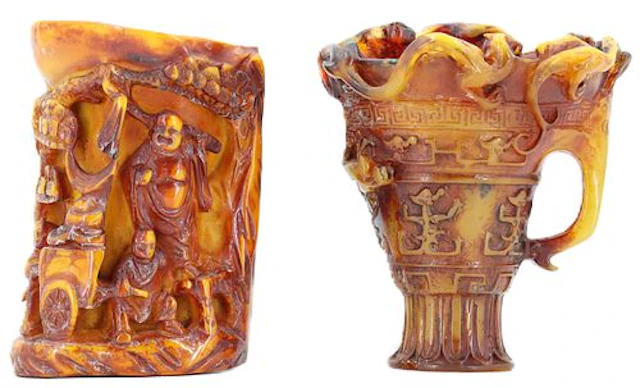 Two Chinese Relief Carved Resin Libation Cups