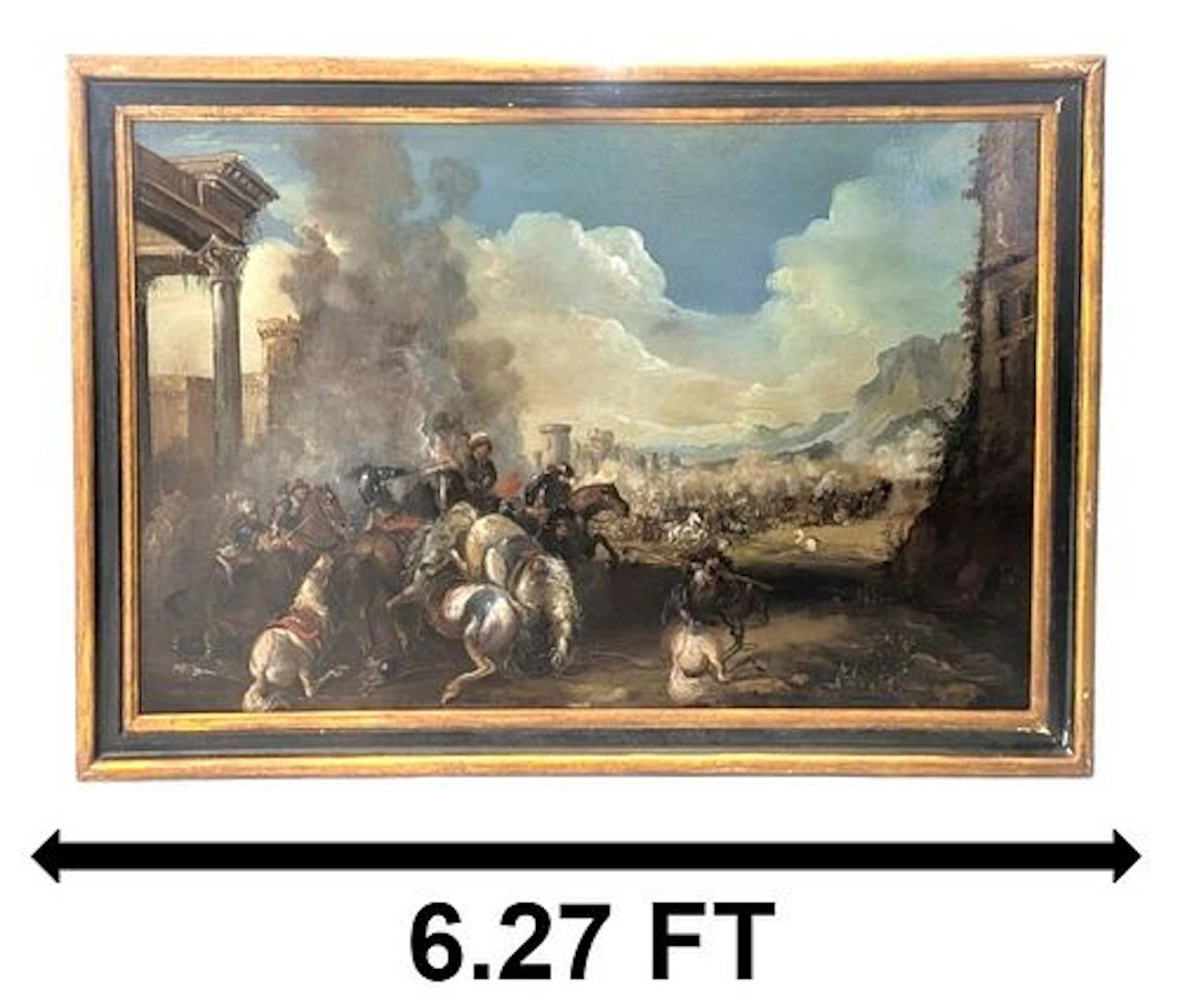Large Old Masters Style Oil on Canvas Cavalry Battle Scene in the