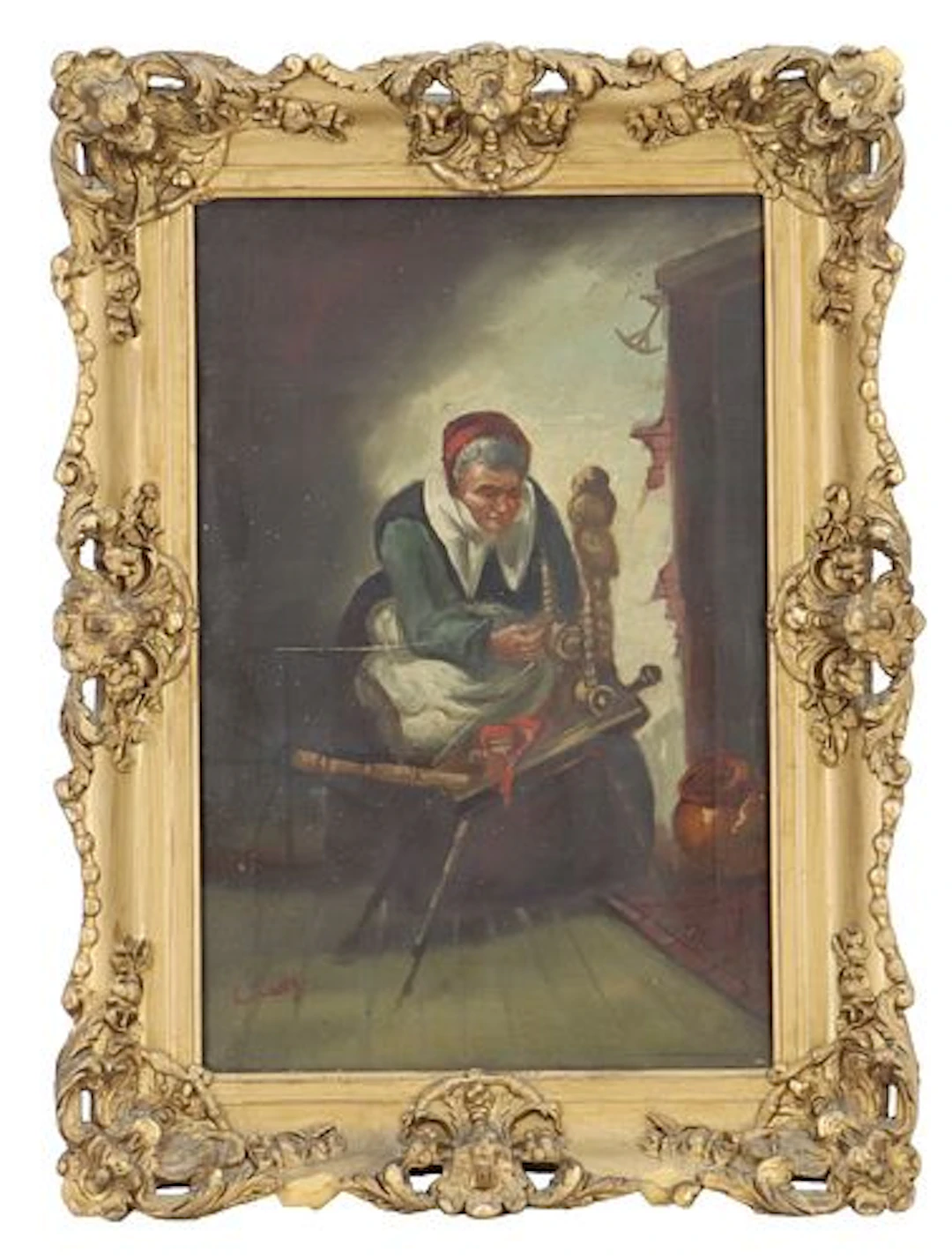 19th Century Oil on Canvas Painting of a Woman Spinning Yarn