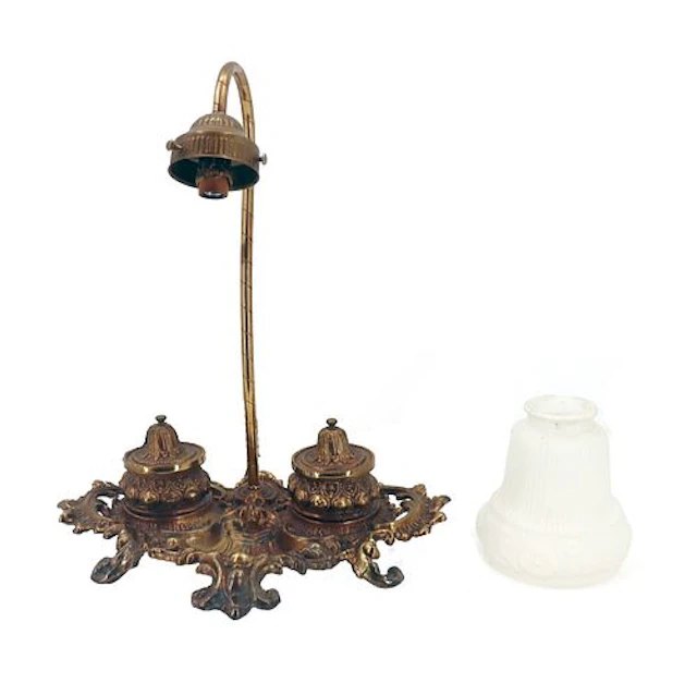 Antique Victorian Art Nouveau Brass Gooseneck Desk Lamp and Dual Inkwell
