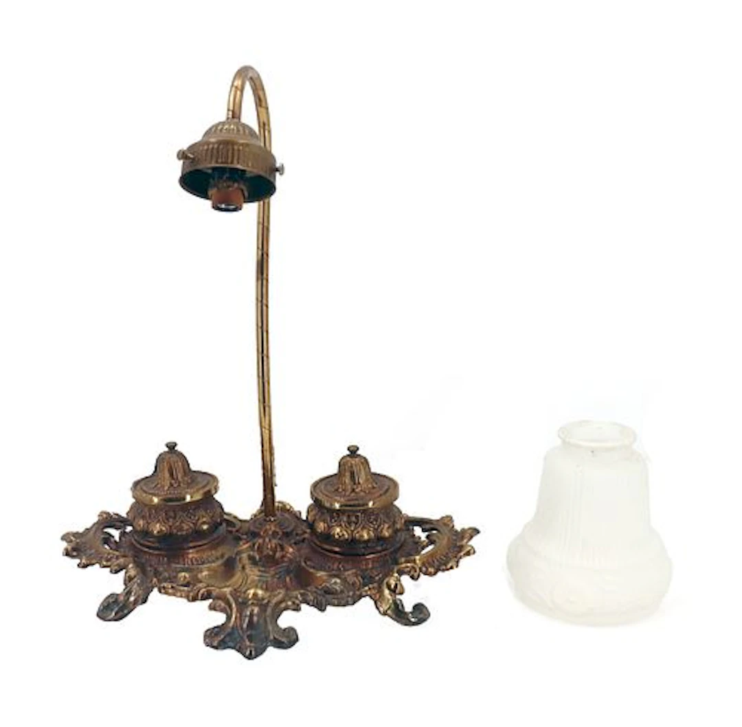 Antique Victorian Art Nouveau Brass Gooseneck Desk Lamp and Dual Inkwell