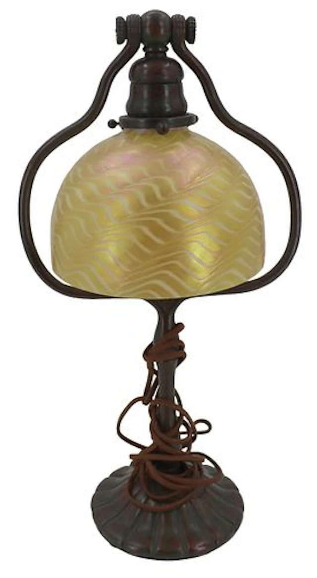 Tiffany Studios Bronze & Gold Favrile "Damascene" Harp Desk Lamp