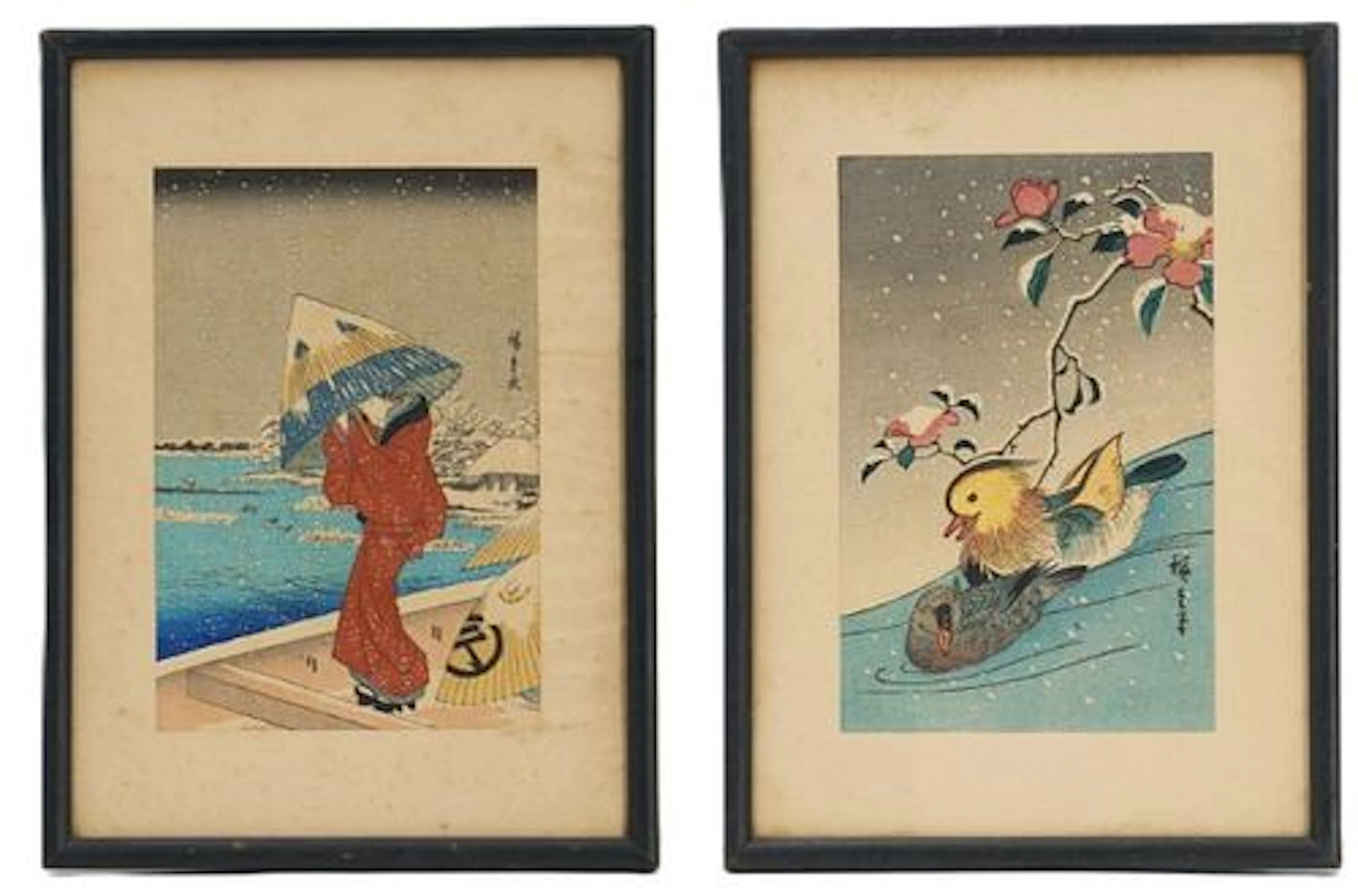 (2) Japanese Ukiyo-e Woodblock Prints, "Umbrella in Heavy Snow" and