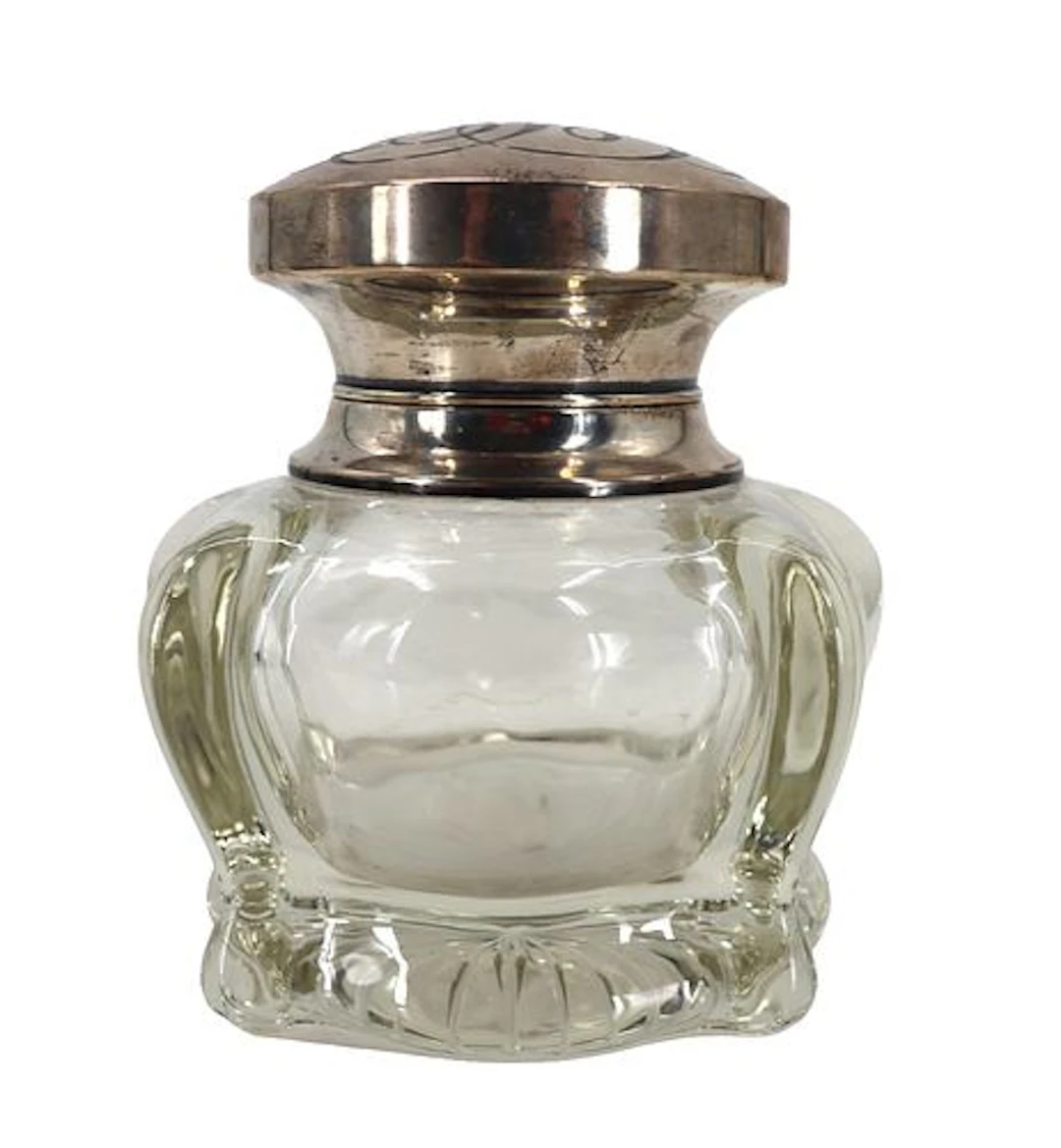 Antique American Silver and Glass Inkwell