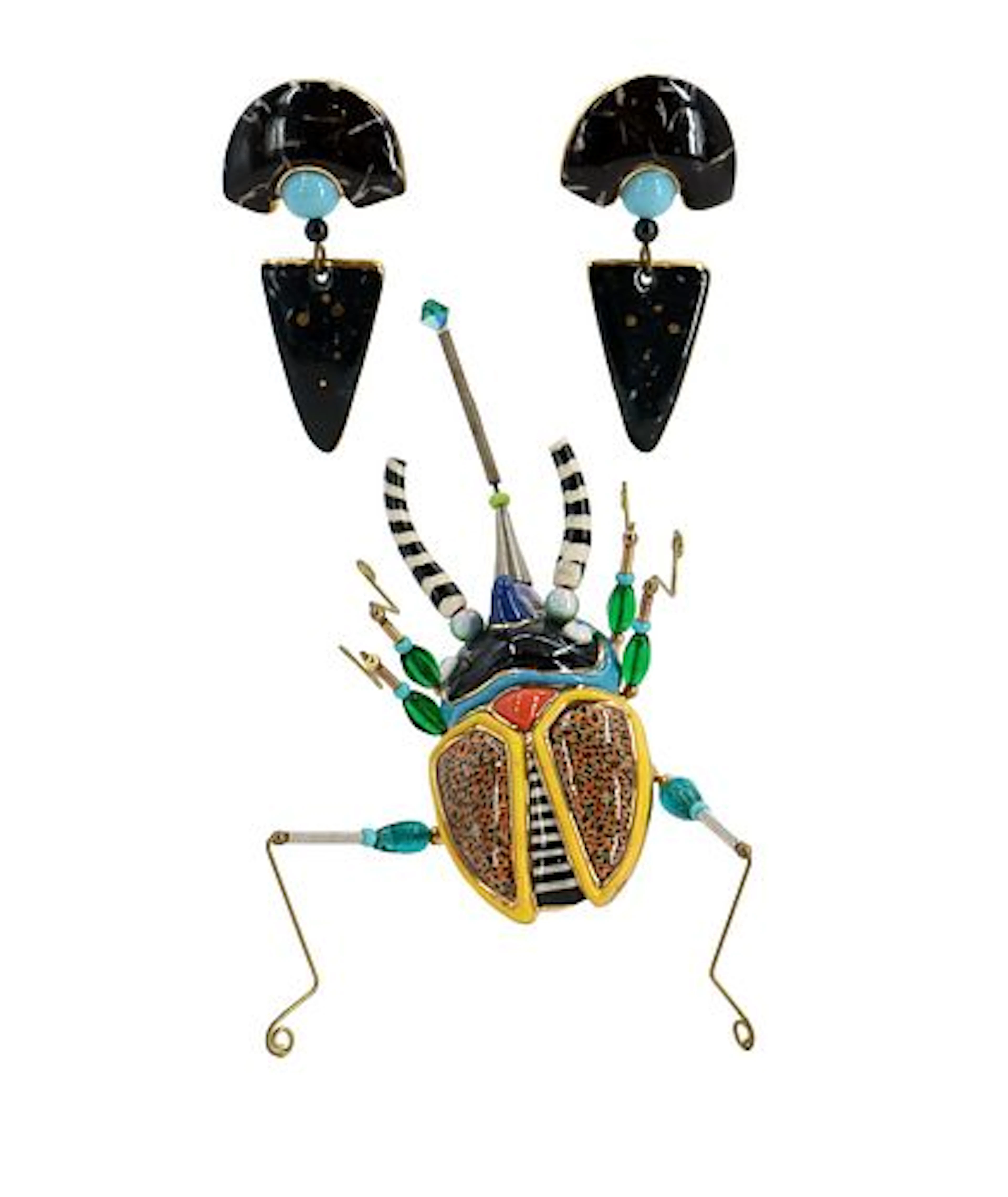 Pair of Ceramic Drop Earrings and a Porcelain and Art Glass Beetle