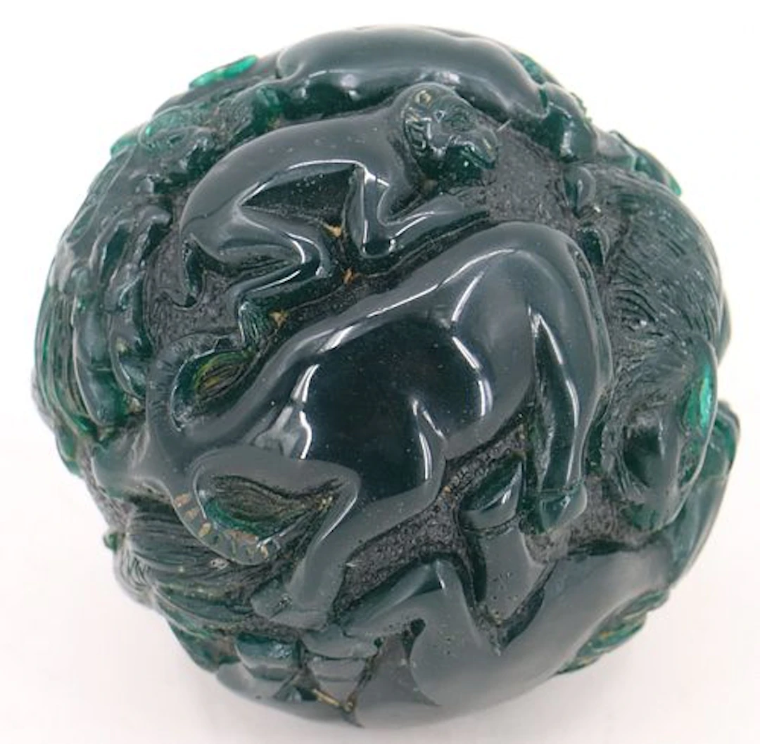 Chinese Carved Green Amber Zodiac Sphere