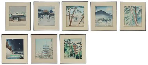 (8) Japanese Ukiyo-e Color Woodblock Prints of Winter Landscapes