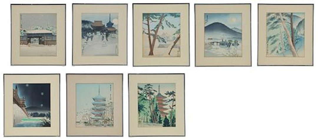 (8) Japanese Ukiyo-e Color Woodblock Prints of Winter Landscapes
