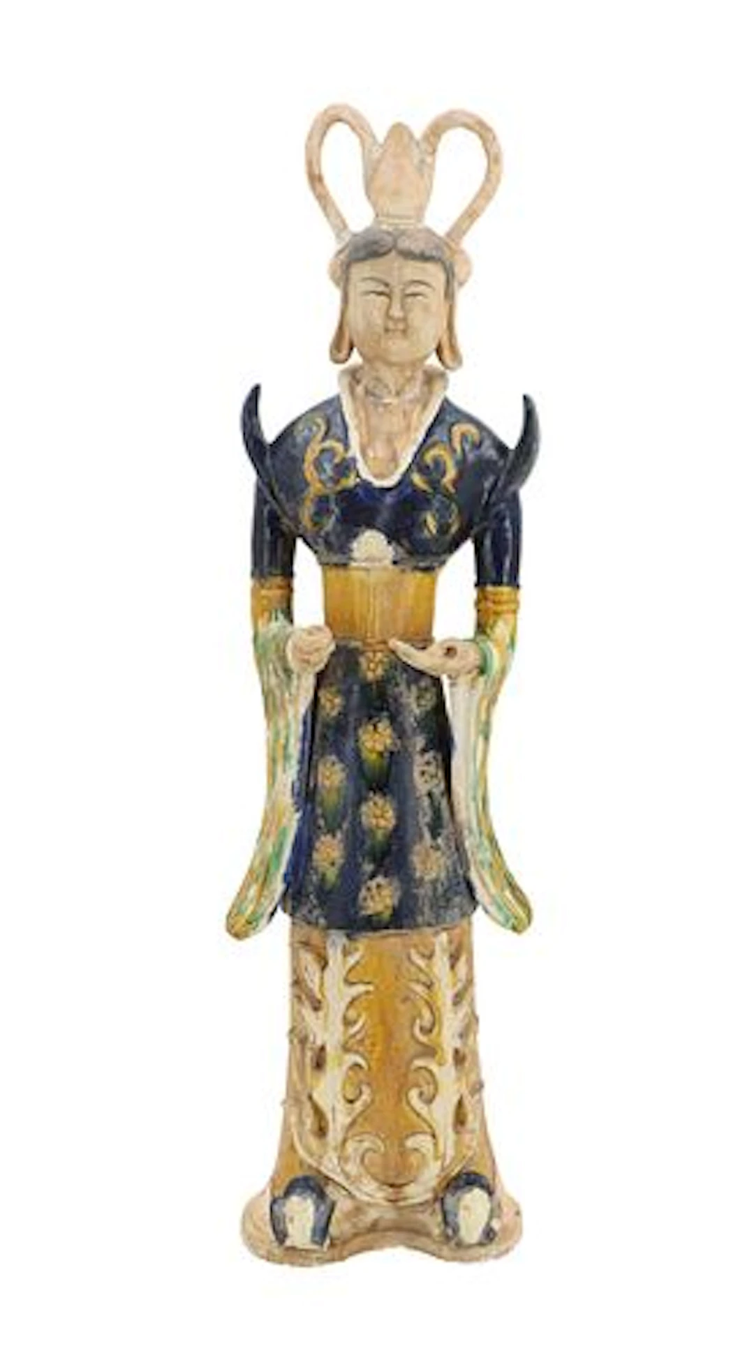 Tall Chinese Tang Dynasty Style Polychrome Painted Sancai Glazed Pottery Statue
