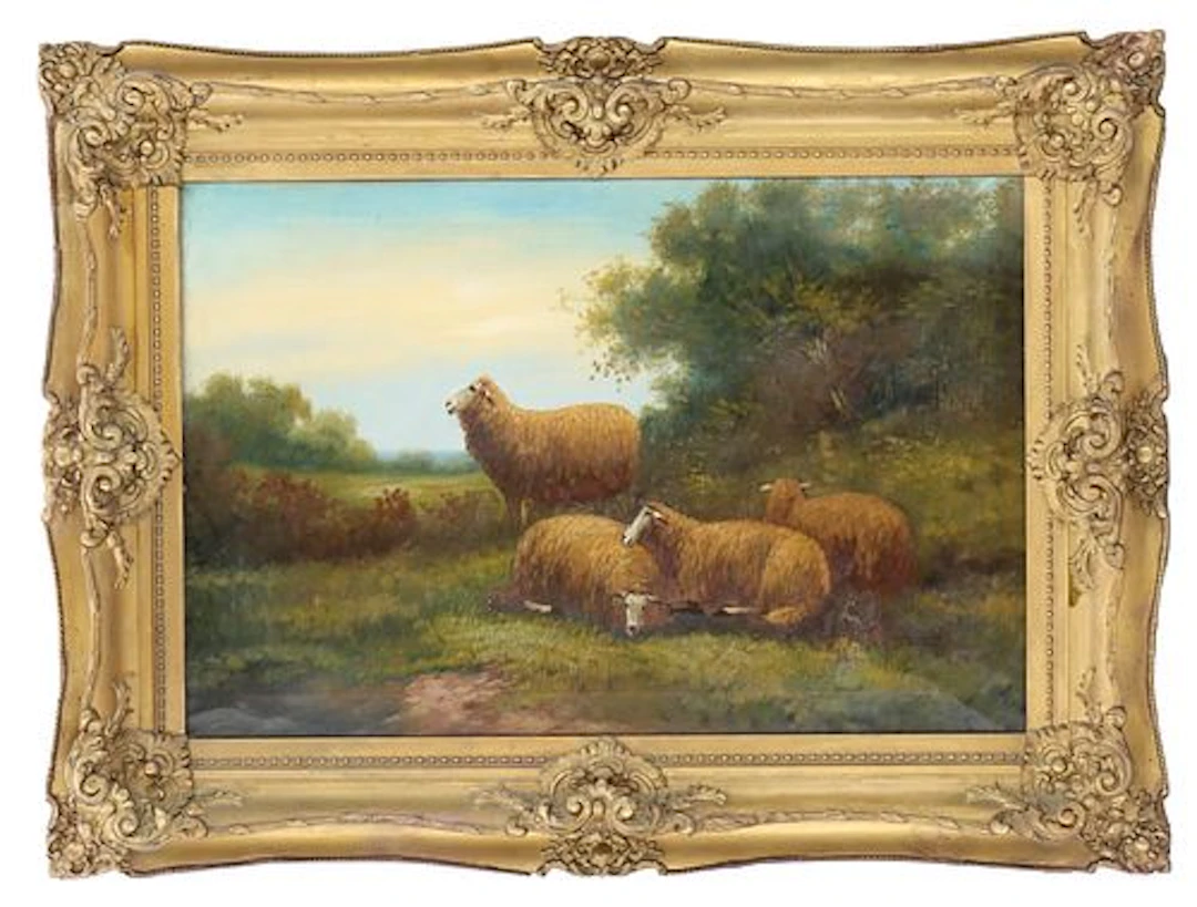 Antique Oil on Canvas Landscape with Sheep