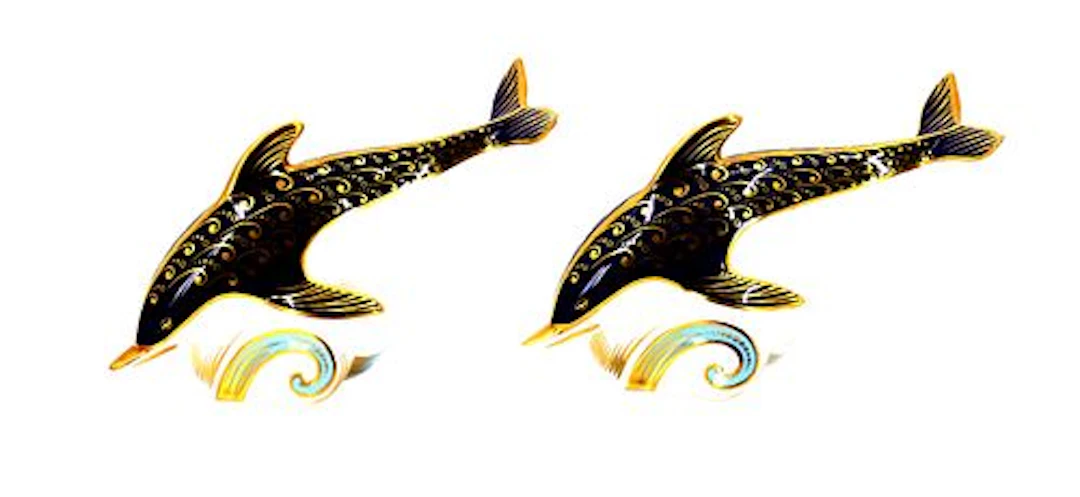 (2) Royal Crown Derby Bone China Imari Bottlenose Dolphin Paperweights