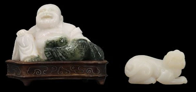 Chinese Carved Stone Laughing Buddha on Cloisonne Base and Stone Dragon Figure