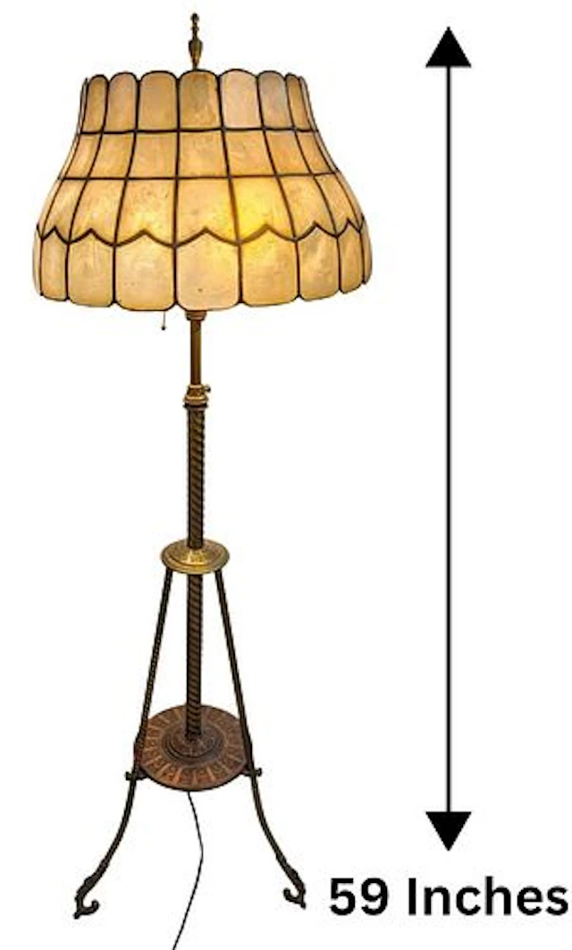 Elegant Early 20th C. Brass Floor Lamp with Vintage Capiz Shell & Brass Shade