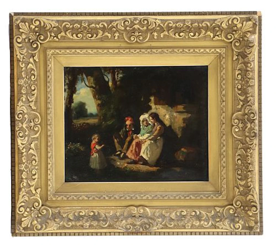 19th Century European School Pastoral Family Genre Scene Oil on Canvas