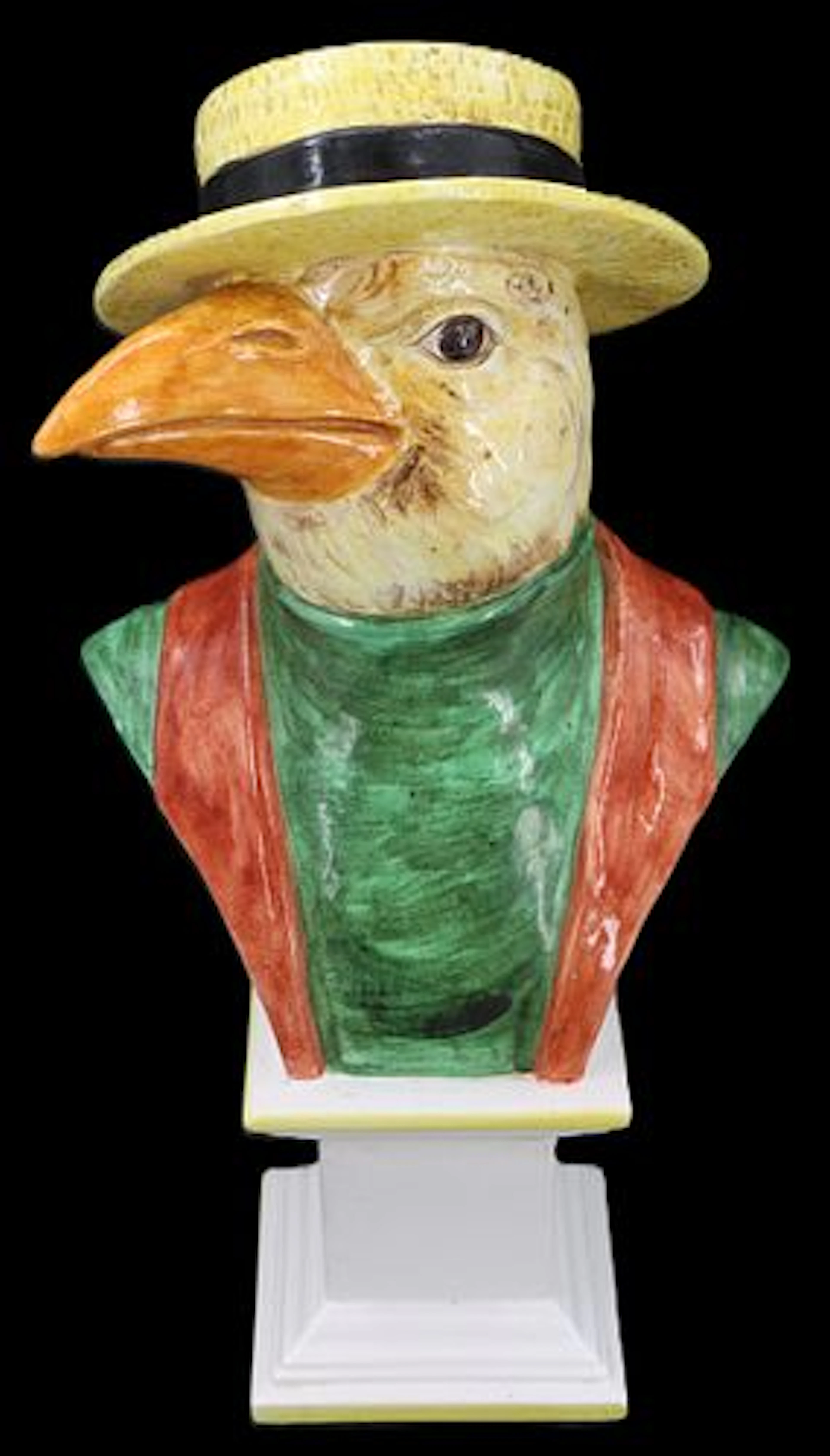 Italian Majolica Anthropomorphic Bird Gondolier Bust in Straw Boater Hat