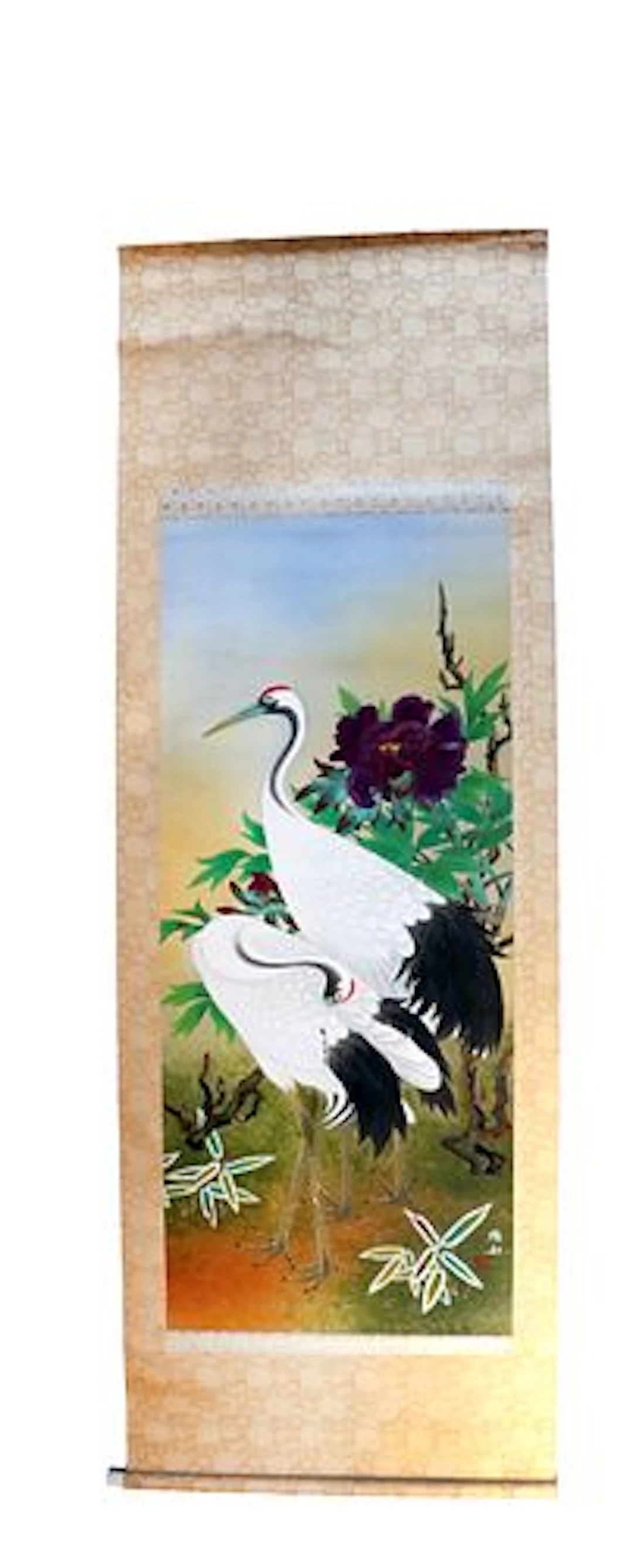 Japanese Kakejiku Hanging Scroll with Auspicious Cranes Image in Original Box