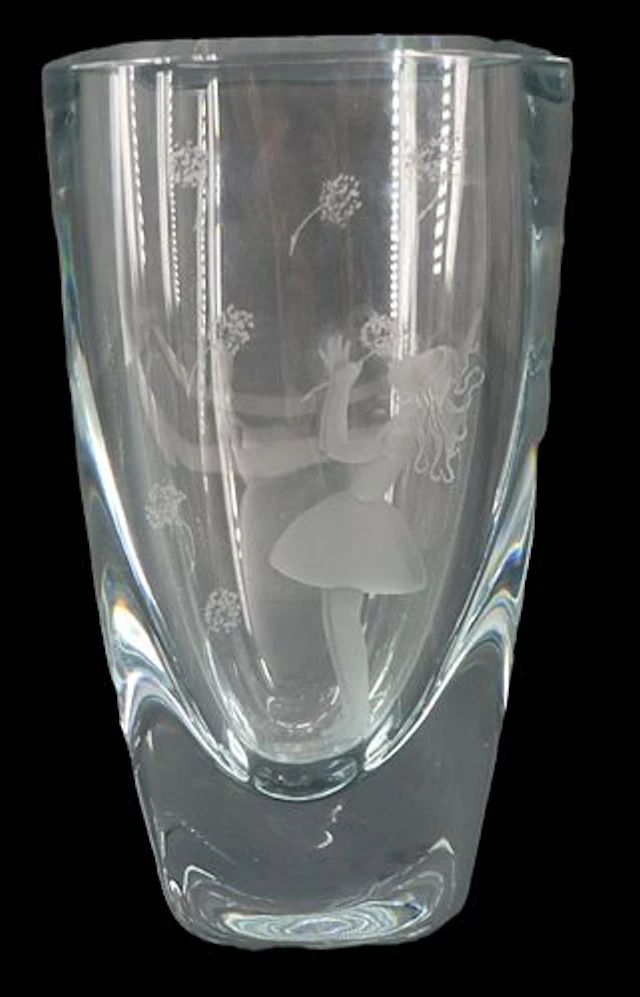 Swedish Strombergshyttan Art Glass Vase with Etched Scene