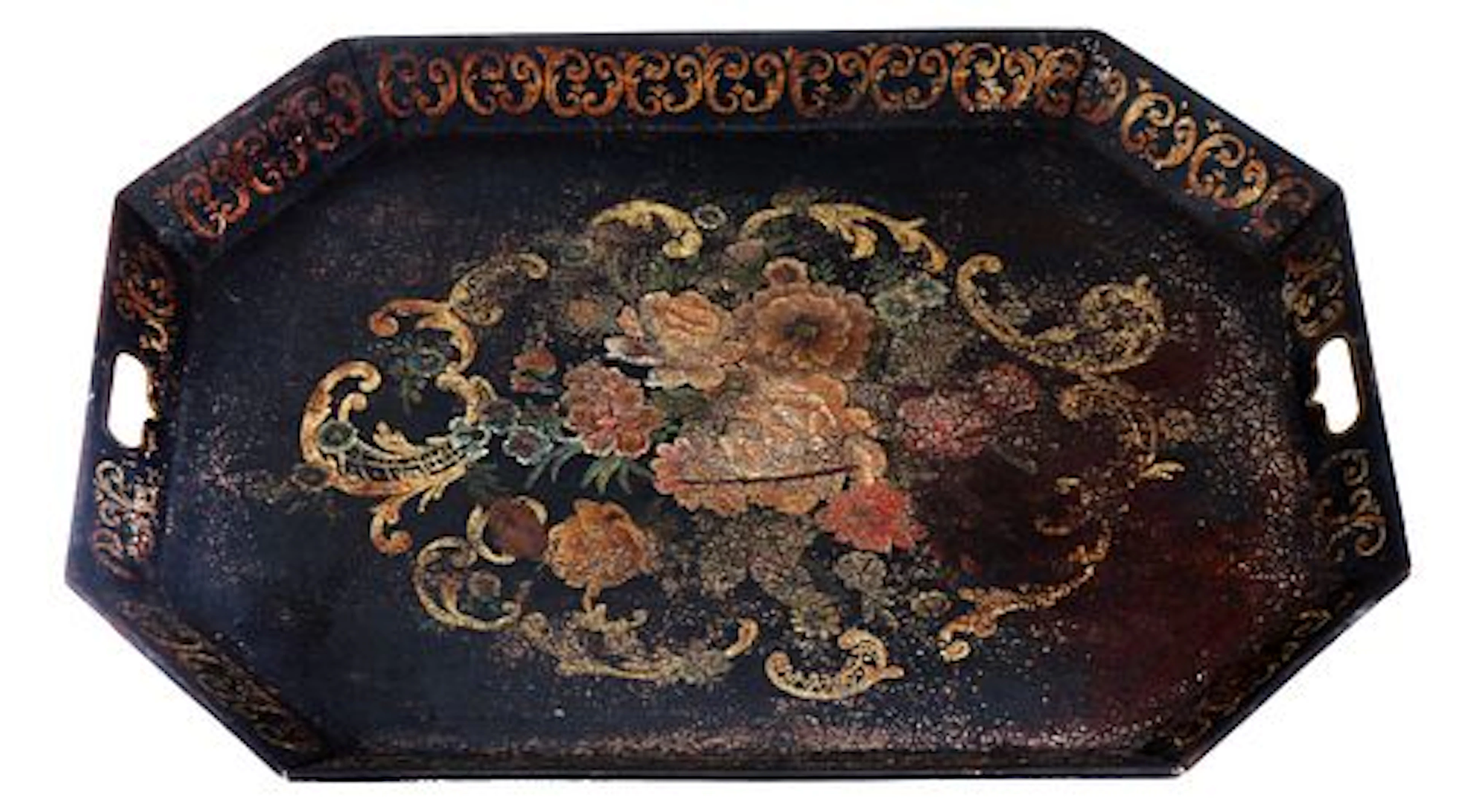 Antique 19th Century Victorian Hand-Painted Toleware Serving Tray