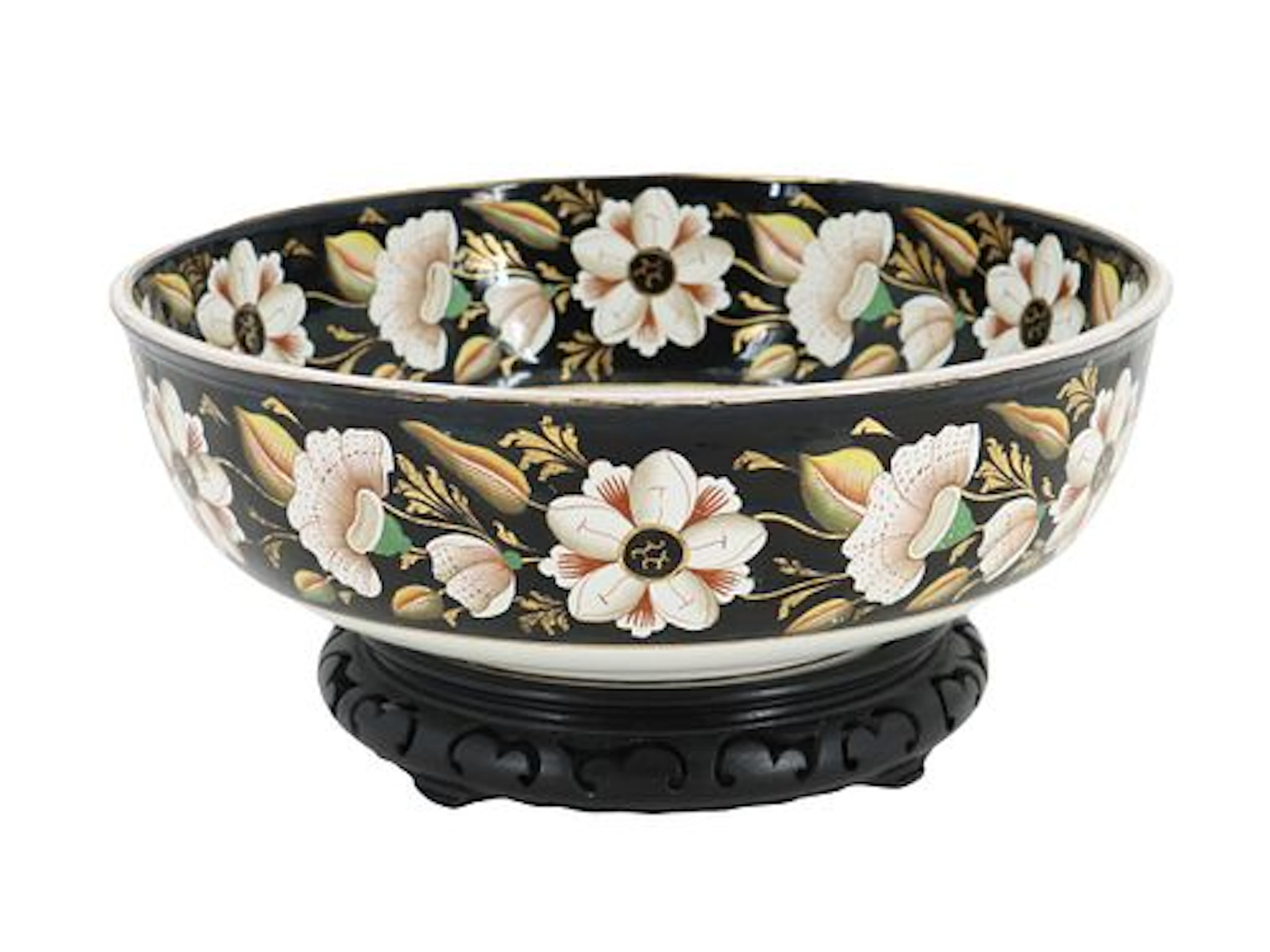 Antique English Imari Style Porcelain Bowl with Carved Wooden Base