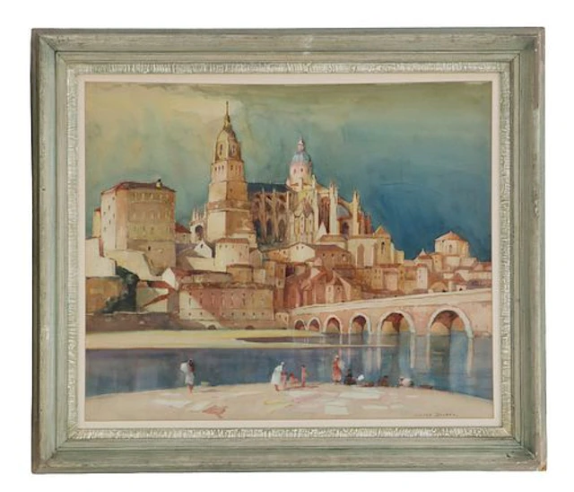 Julius Delbos (1879-1970) American/British, Watercolor "Cathedral at Zaragosa"