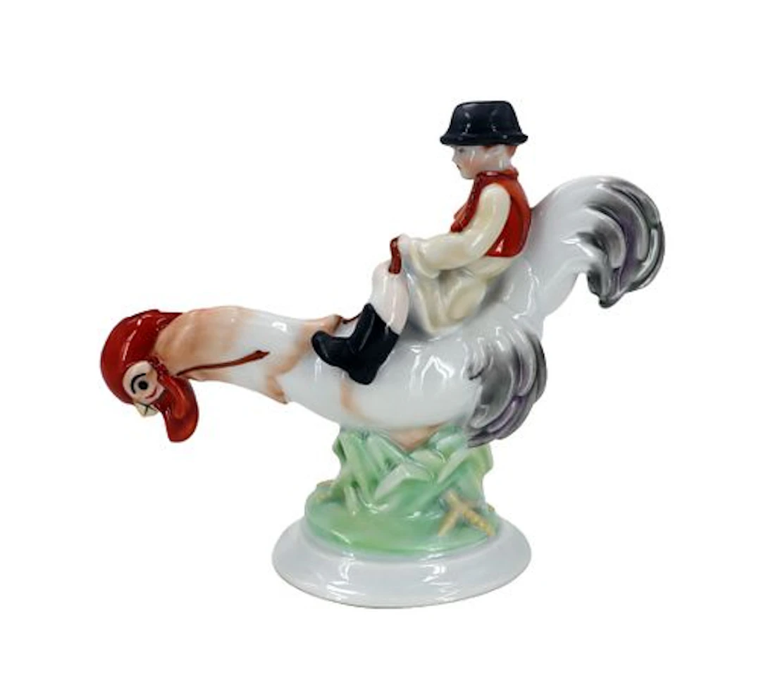 Hungarian Herend Hand-Painted Porcelain "Boy Riding Rooster" Sculpture