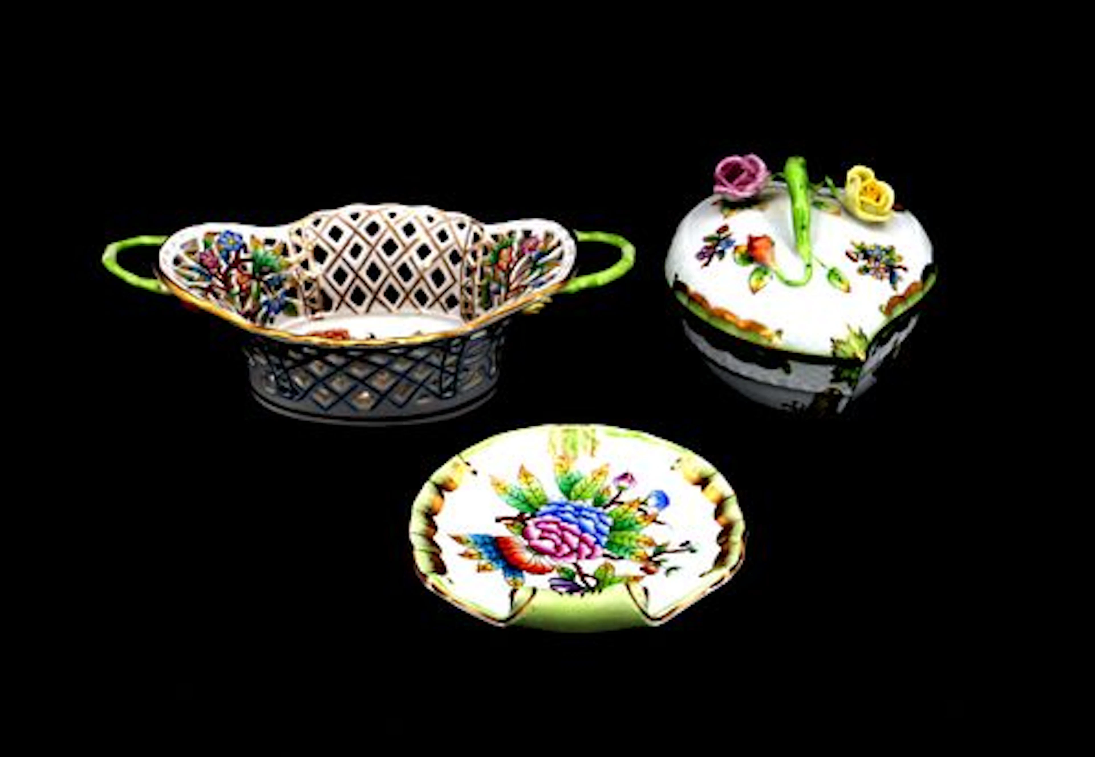 (3) Vintage Herend Queen Victoria Pattern Porcelain Decorative Objects