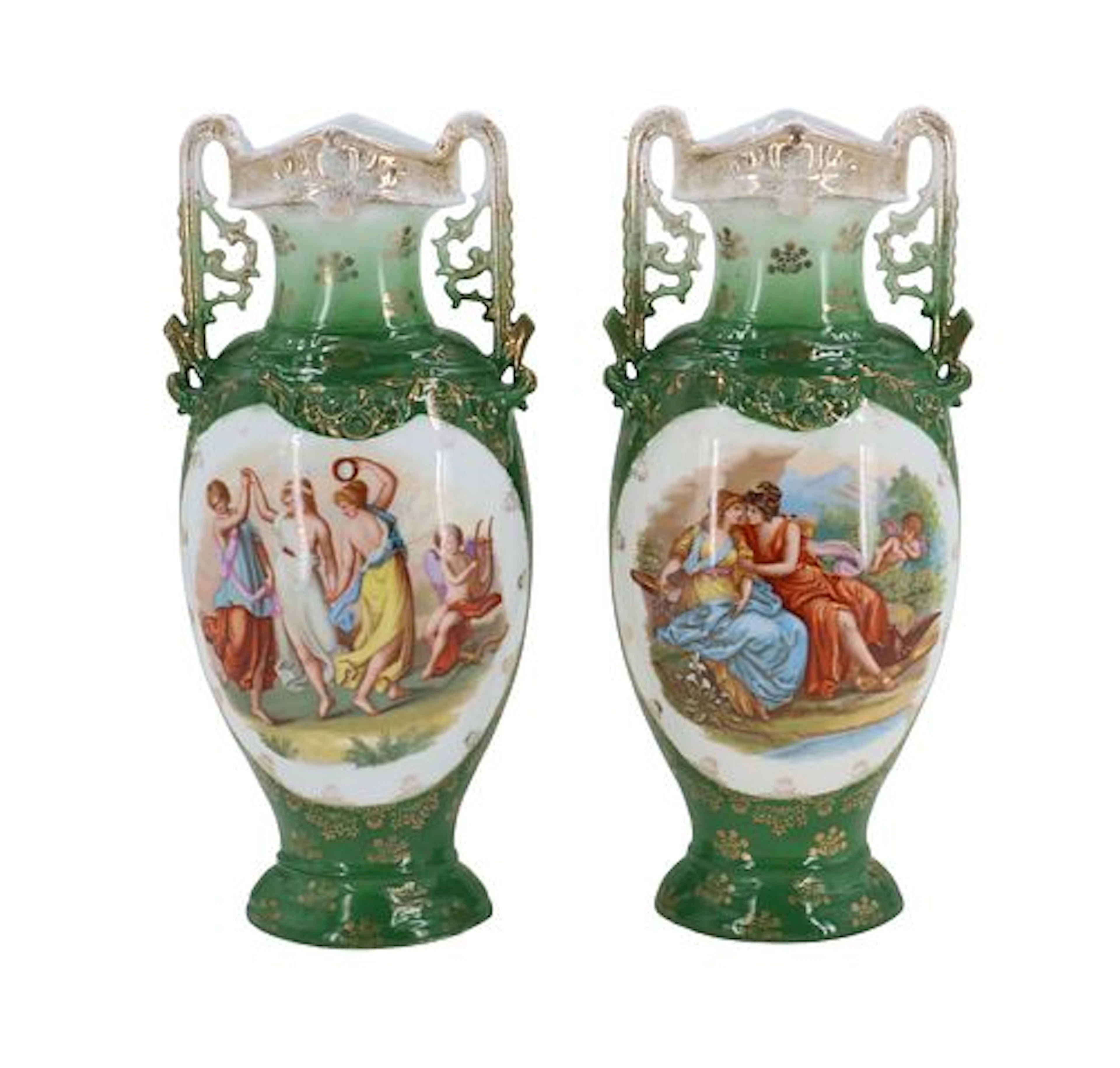 (2) Antique Austrian Victoria Schmidt & Co. Polychrome Painted Double