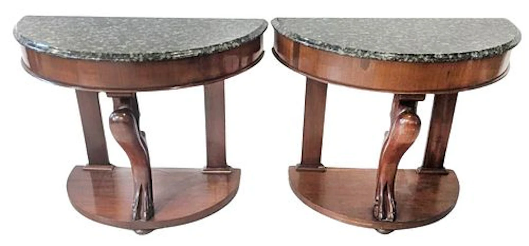 (2) Empire Style Mahogany and Marble Top Demi-Lune Tables